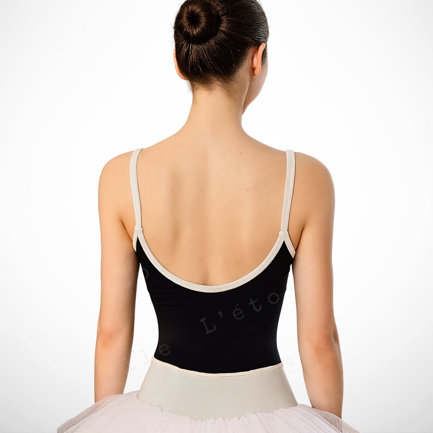 Serena Ballet Leotard – Classic Black with White Velvet Accents | Premium Dancewear by L’étoile