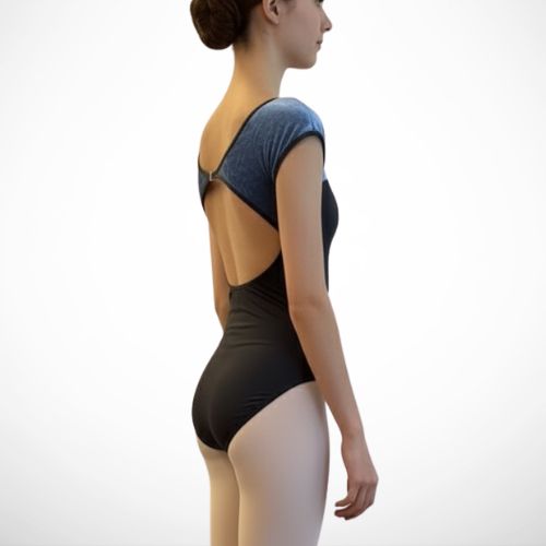 Hailey Leotard from L’étoile’s Velvet Collection in mid blue and light blue — featuring a sculpted fit, soft velvet texture, and back metal clasp closure.
