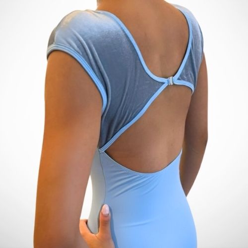 Hailey Leotard from L’étoile’s Velvet Collection in mid blue and light blue — featuring a sculpted fit, soft velvet texture, and back metal clasp closure.