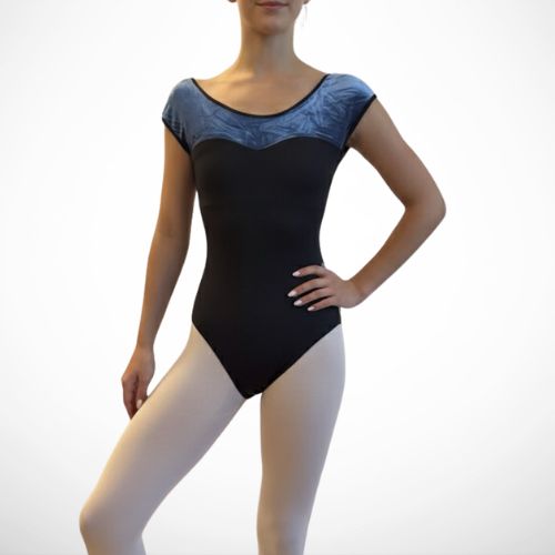 Hailey Leotard from L’étoile’s Velvet Collection in mid blue and light blue — featuring a sculpted fit, soft velvet texture, and back metal clasp closure.