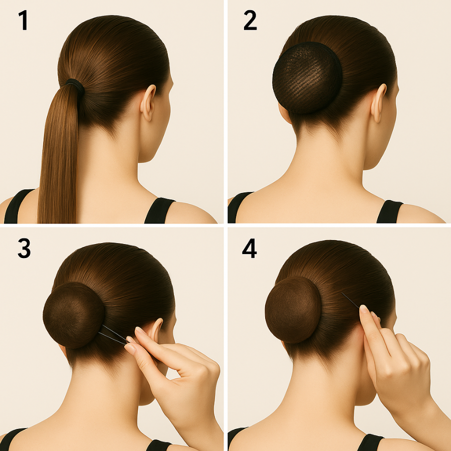 Step-by-step tutorial on styling hair into a bun with close-up views.