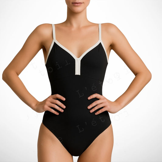 L’étoile Serena Ballet Leotard in Classic Black Nylon with Velvet Accents – Premium Dancewear