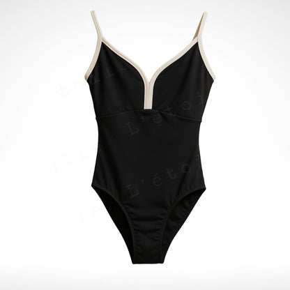 Serena Ballet Leotard – Classic Black with White Velvet Accents | Premium Dancewear by L’étoile