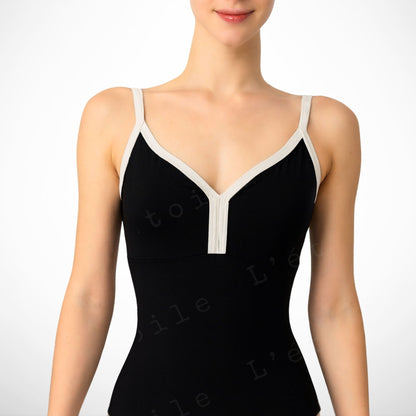 Serena Ballet Leotard – Classic Black with White Velvet Accents | Premium Dancewear by L’étoile