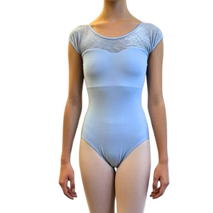 Hailey Leotard from L’étoile’s Velvet Collection in mid blue and light blue — featuring a sculpted fit, soft velvet texture, and back metal clasp closure.
