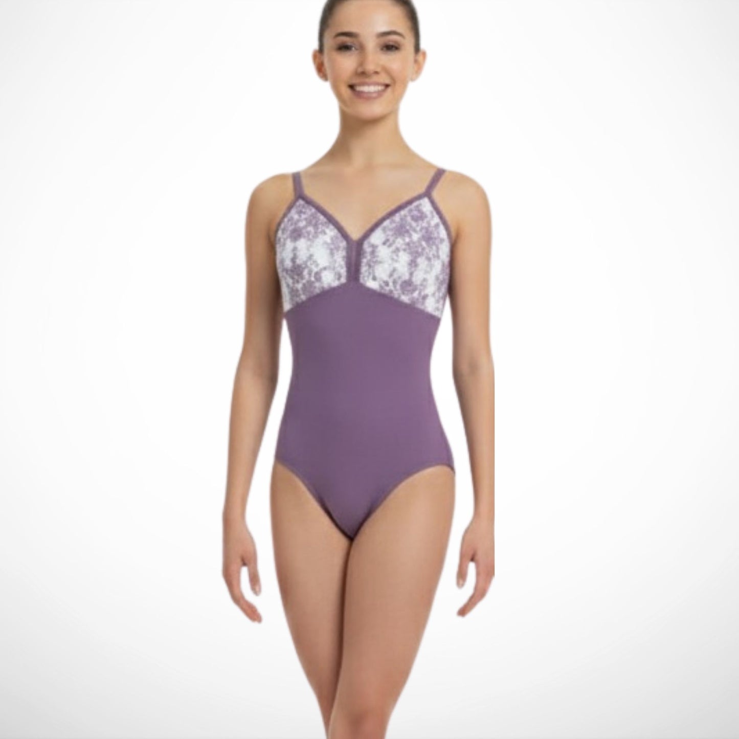 Model wearing Bella Toile De Jouy leotard — limited pre-order piece with complimentary matching skirt.